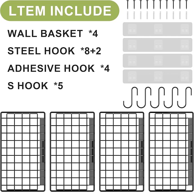 Wall Basket with Label Plate & 5 S-Hooks –4 Pack Hanging Wire Basket - Image 4