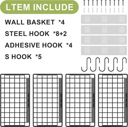 Wall Basket with Label Plate & 5 S-Hooks –4 Pack Hanging Wire Basket - Image 4