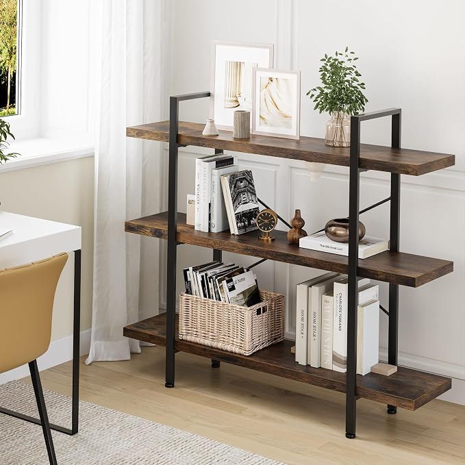 Heavy Duty 3-Tier Industrial Bookcase, 120lbs Shelf Capacity, Rustic Open - Image 6