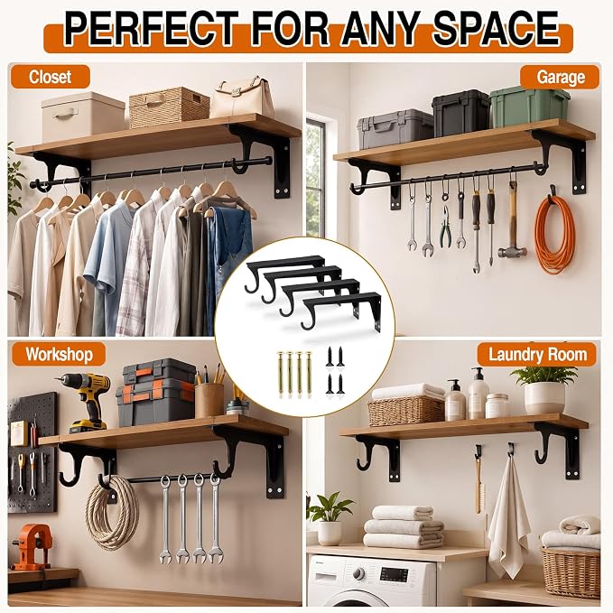 4 Pack 12 Inch Closet Rod Brackets, Heavy Duty Wall Mounted Closet Shelf - Image 6