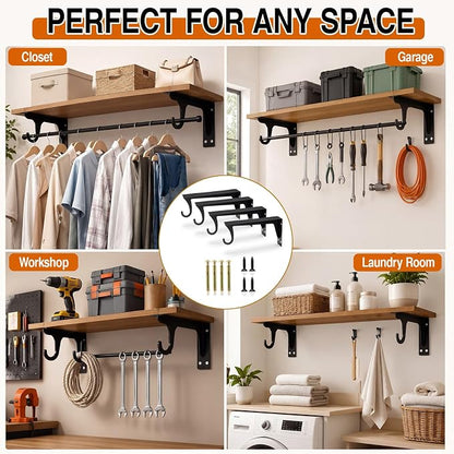 4 Pack 12 Inch Closet Rod Brackets, Heavy Duty Wall Mounted Closet Shelf - Image 6