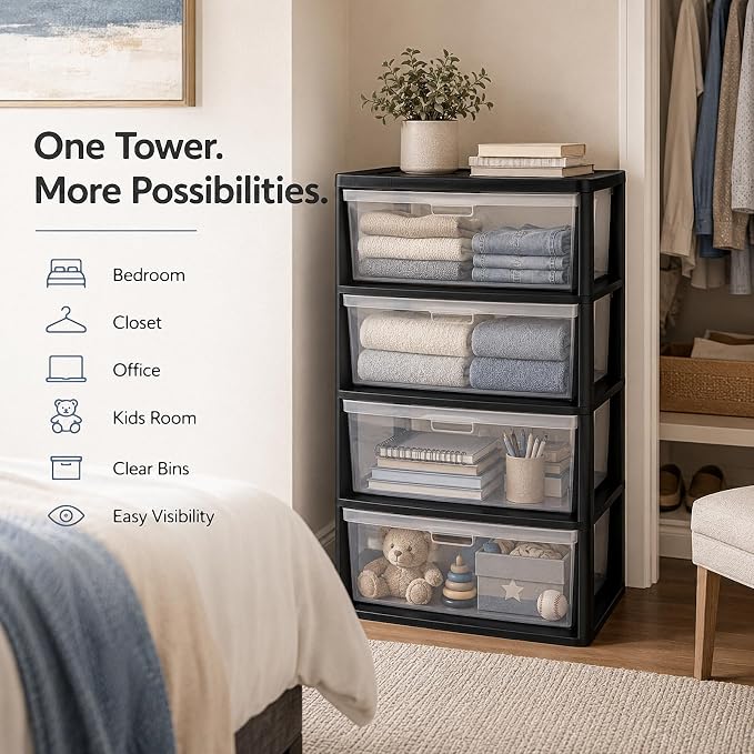 Wide 4 Drawer Plastic Storage Tower Organizer Clear Bins Bedroom | Removable - Image 9
