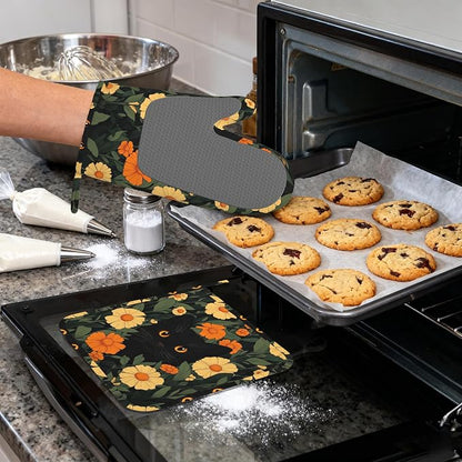 Black Cat Flowers Heat-Resistant Silicone Oven Mitts and Pot Holder 4 Piece Set - Image 4