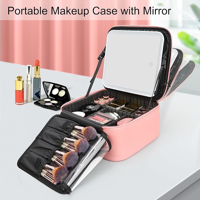 Relavel Travel Makeup Bag With LED Mirror Portable Travel Makeup Organizer 3 - Image 7