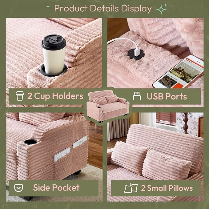 VINGLI Pink Futon Sofa Bed Convertible Loveseat Sleeper Sofa Couch, Corduroy - Image 8