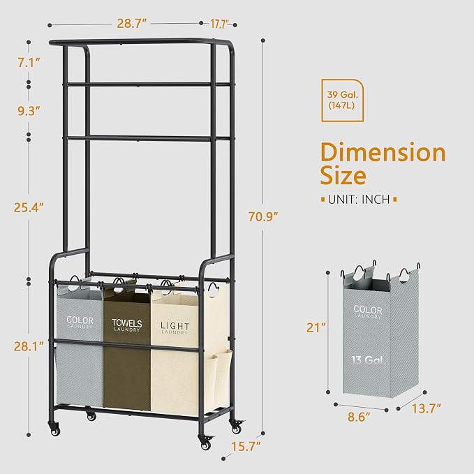 Laundry Sorter 3 Section, Laundry Hamper Cart - Image 7
