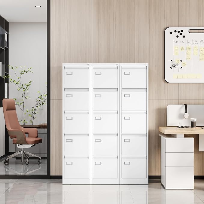 File Cabinets - 5 Drawers Vertical 17.8" Deep Lockable Filing Cabinet - White - Image 2