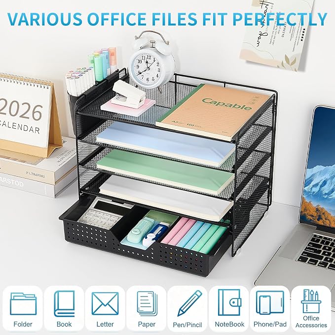 LEKETREE Desk Organizer and Accessories, 5-Tier Paper Letter Tray Organizer - Image 4