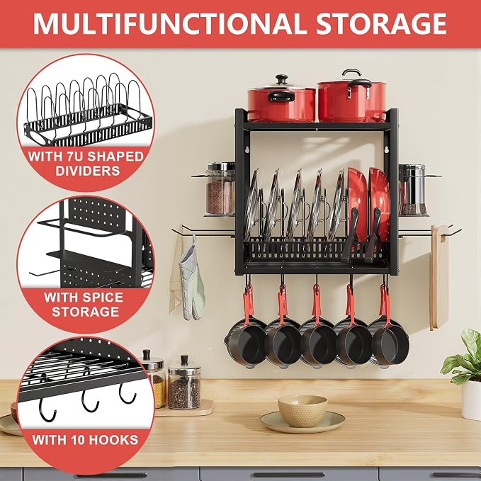 16 Inch Pot Rack Wall Mounted, 2-Tier Pots and Pans Organizer - Image 4