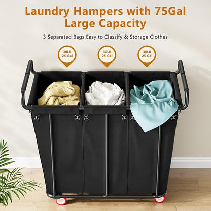 Large laundry hamper with Wheels, 360L 3 Bag Big Rolling Laundry Hamper Sorter - Image 2