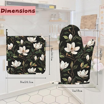 White Magnolia Oven Mitts and Pot Holders, Heat Resistant Non-Slip Silicone - Image 2