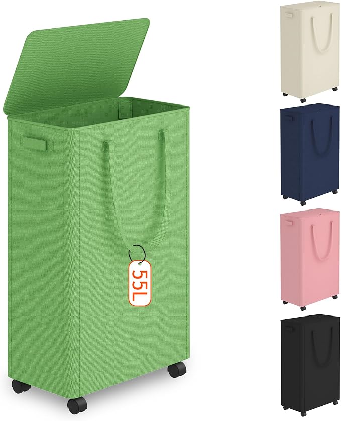 Slim Laundry Hamper with Wheels, 15 Gal Rolling Laundry Basket with lid and by Vincona