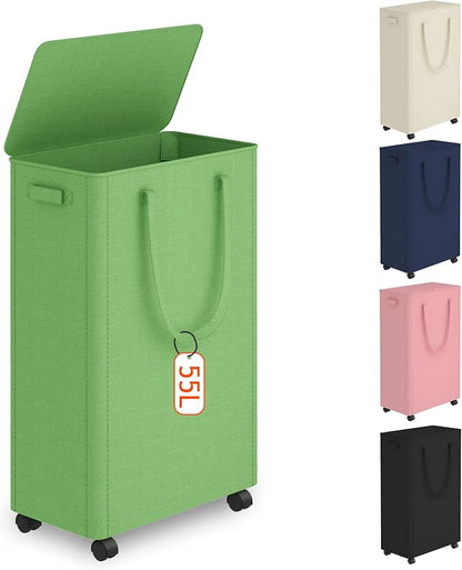 Slim Laundry Hamper with Wheels, 15 Gal Rolling Laundry Basket with lid and by Vincona