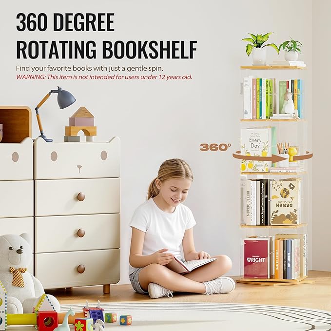 TAKEKIT Rotating Bookshelf, 360 Degree Revolving Bookcase, 4-Tier Spinning - Image 4
