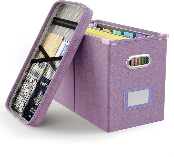 File Organizer with Lid, Hanging Filing Box with Mesh Pocket, Document Organizer by Oterri