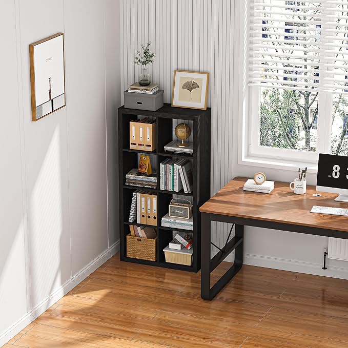 Bookshelf with Storage Bins, 8-Cube Storage Organizer, Modern Black Bookshelf - Image 4