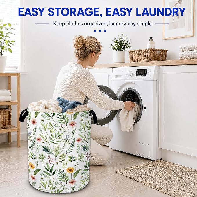 Floral Leaves Laundry Basket, Wildflower Greenery Flowers Collapsible Laundry - Image 6