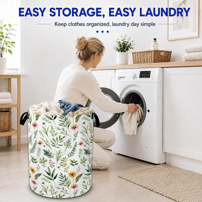 Floral Leaves Laundry Basket, Wildflower Greenery Flowers Collapsible Laundry - Image 6