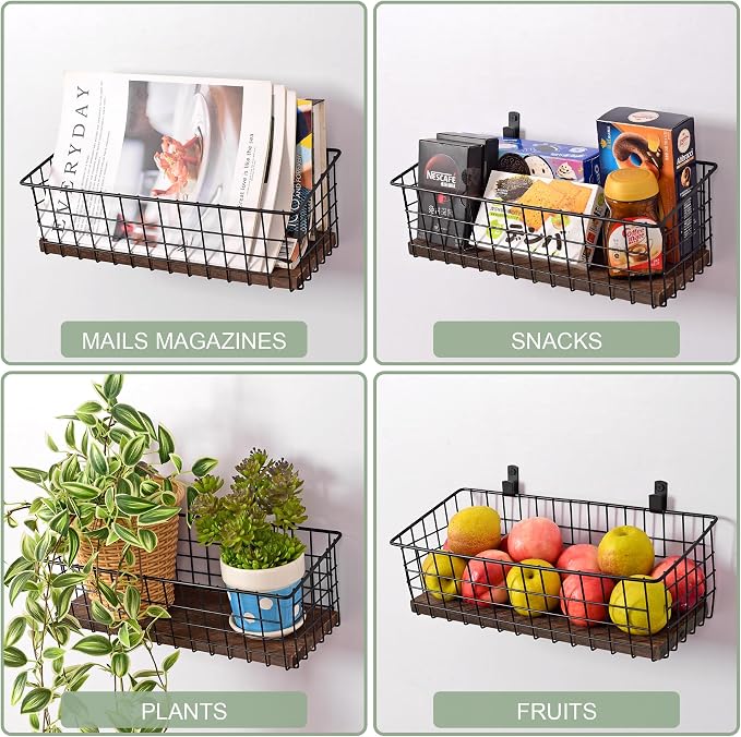 Wall Hanging Baskets, 3 Wooden Wire Bins - Image 4
