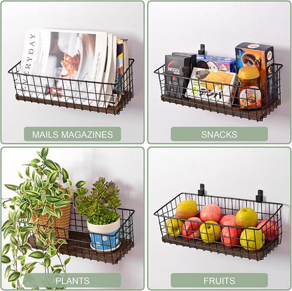 Wall Hanging Baskets, 3 Wooden Wire Bins - Image 4