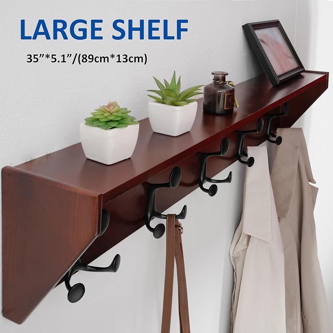 WEBI Wall Shelf with Hooks Underneath, 35” Long Wall Mounted Coat Rack with - Image 7