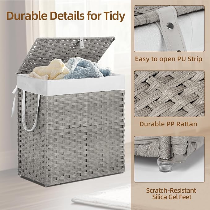 Woven Laundry Basket with Lid, Large Hamper with Removable and Machine-Washable - Image 3