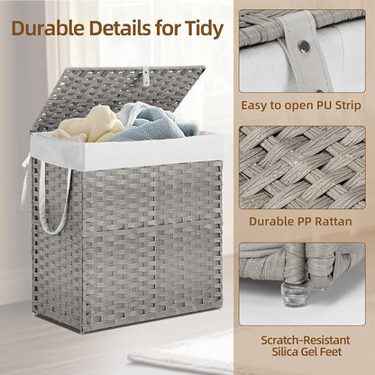 Woven Laundry Basket with Lid, Large Hamper with Removable and Machine-Washable - Image 3