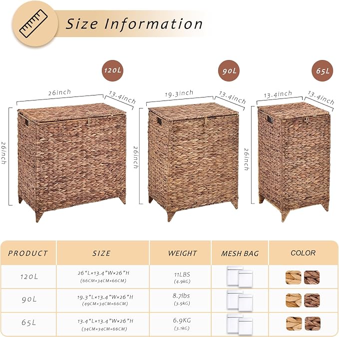 Large Laundry Hamper with Lid, Handwoven Hyacinth Rattan Clothes Hamper with - Image 3