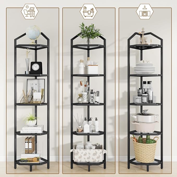 5-Tier Corner Shelf Stand, Bathroom Storage Rack Shelf, Plant Rack, Tempered - Image 5