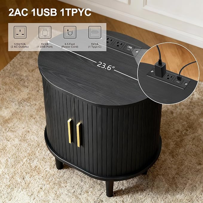 Nightstands Set of 2 & Charging Station, Fluted Accent Side Table - Image 4