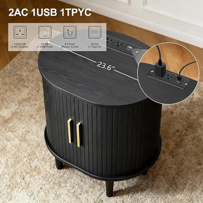 Nightstand with Charging Station, Fluted Accent Side Table with Sliding Door & - Image 4