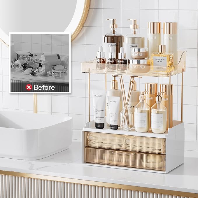 Delamu Bathroom Organizers and Storage, 2 Tier 2 Drawer Makeup Organizer - Image 7