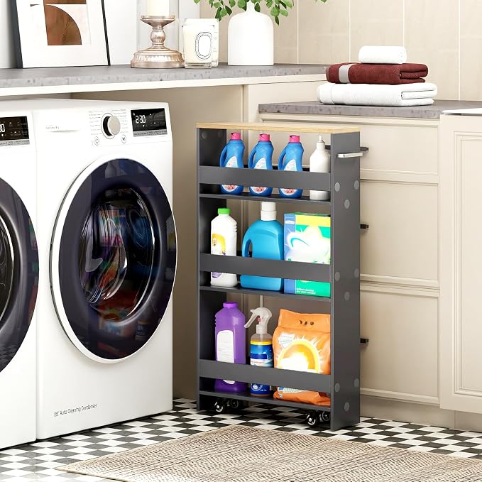 Small Kitchen Cart, 4-Tier Slim Rolling Island w/Handle, Laundry Room Storage - Image 9