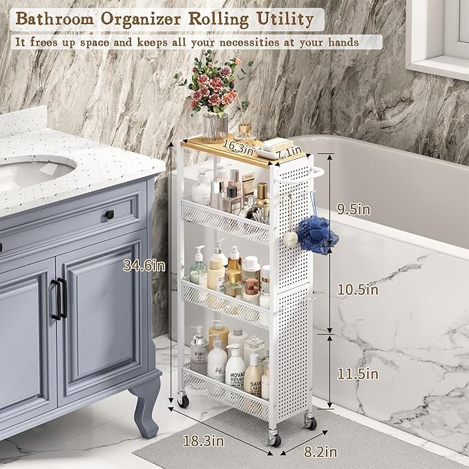 Utility Slim Storage Cart 4 Tier Small Rolling Kitchen Laundry Room - Image 2