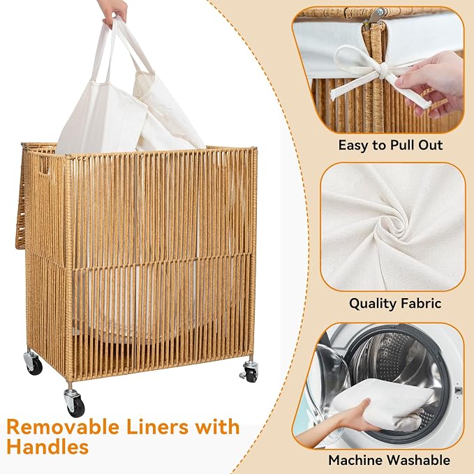 WOWLIVE Laundry Hamper with Wheels, Handwoven Rolling Laundry Basket with Lid - Image 5