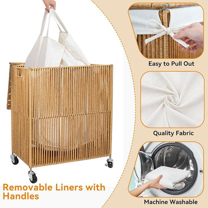 WOWLIVE Laundry Hamper with Wheels, Handwoven Rolling Laundry Basket with Lid - Image 5