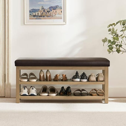 Zihanhome Shoe Rack Bench with Leather Cushion, 2 Tier Solid Wood Storage Bench - Image 3