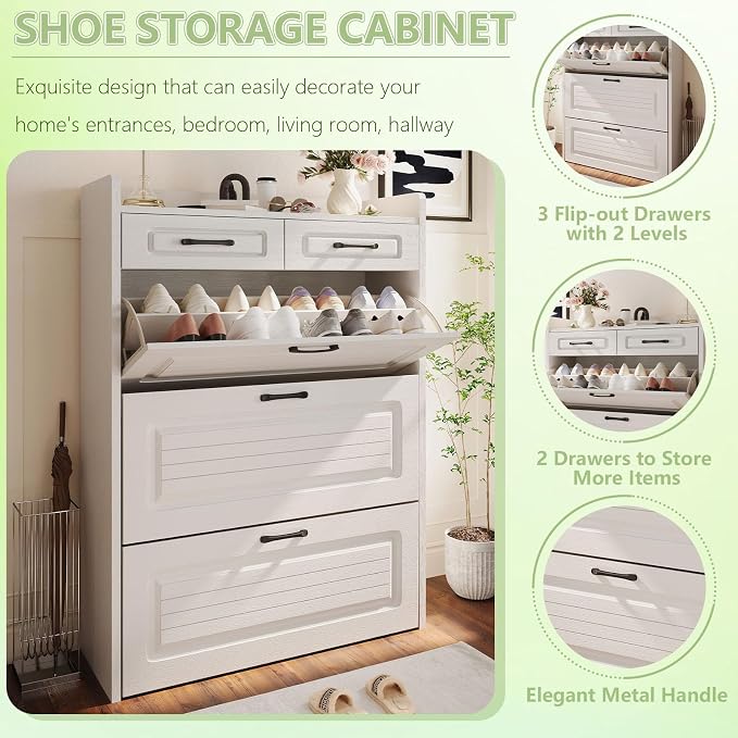 Shoe Cabinet with 3 Large Flip Drawers and 2 Storage Drawers, Narrow Shoe - Image 4