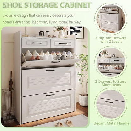 Shoe Cabinet with 3 Large Flip Drawers and 2 Storage Drawers, Narrow Shoe - Image 4