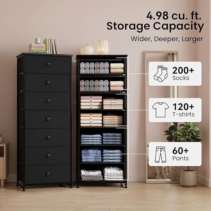 Fabric Dresser for Bedroom, 7-Drawer Tall Vertical Storage Tower | Wooden Top - Image 4