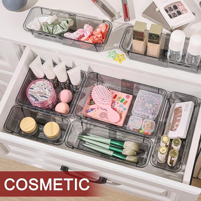 8 Pcs Extendable Clear Drawer Organizer, All Adjustable Vanity Storage Box - Image 3