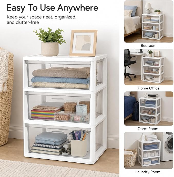 3 Drawer Plastic Storage Tower Clear Chest Organizer | Clear Removable Bins - Image 6