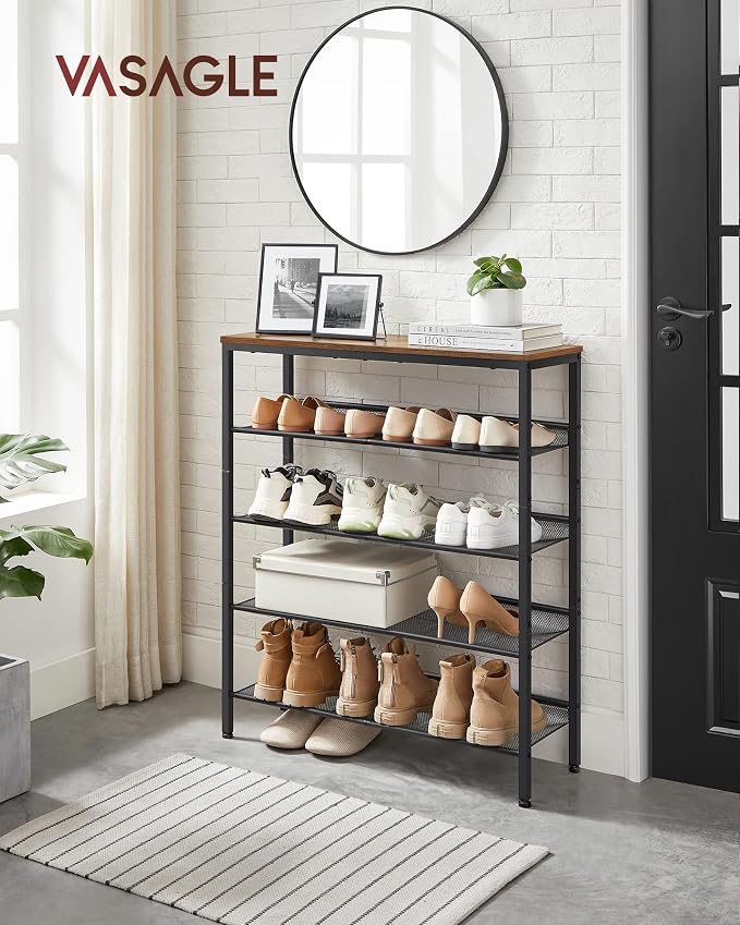 VASAGLE Shoe Rack for Entryway, Freestanding, Adjustable, Industrial | 5-Tier - Image 2
