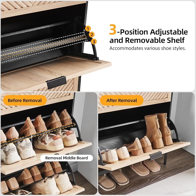 Shoe Cabinet with 2 Flip Drawers, Narrow Entryway Rack, Oak&Black | Slanted - Image 4