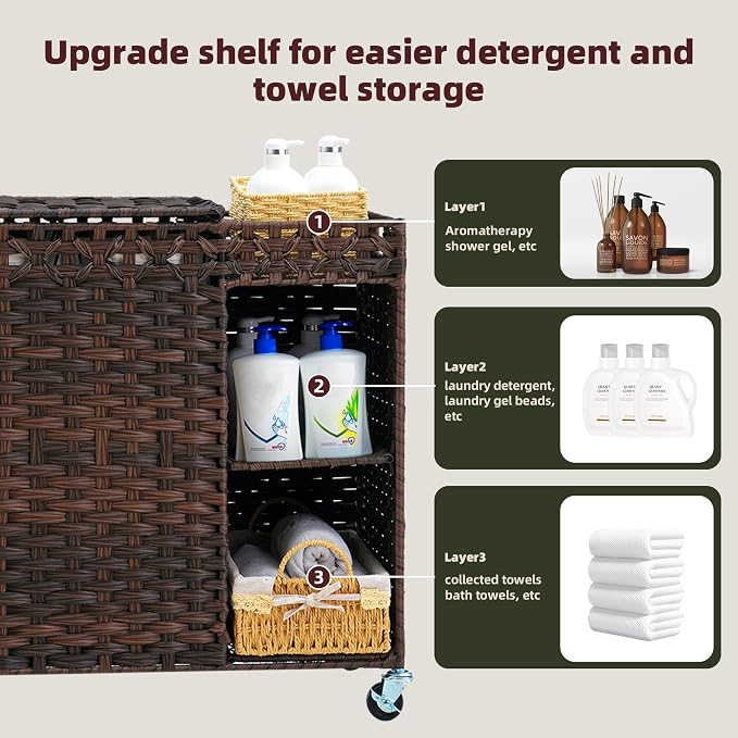 Laundry Hamper with Lid, 160L Rattan Wicker Laundry Basket with Wheels - Image 2