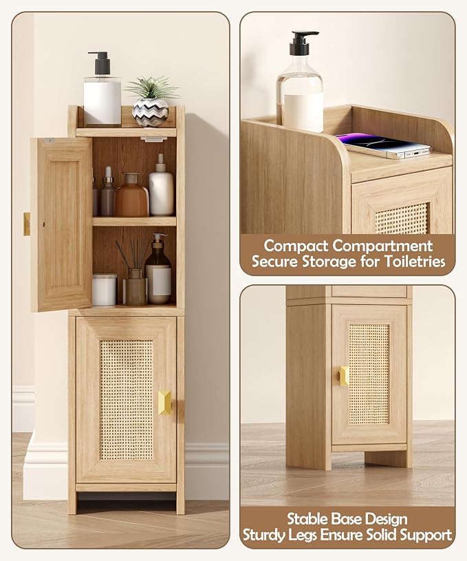 Akxomel Rattan Small Bathroom Cabinet Narrow Toilet Paper Organizer Oak | - Image 7
