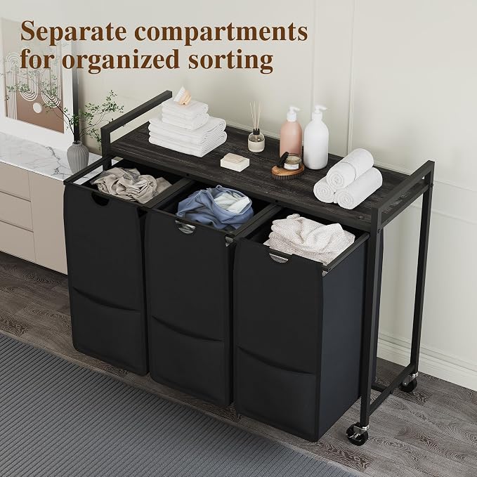 Laundry Sorter with Wheels, 3 Section, Removable Pull-Out Fabric Bags, Sturdy - Image 5