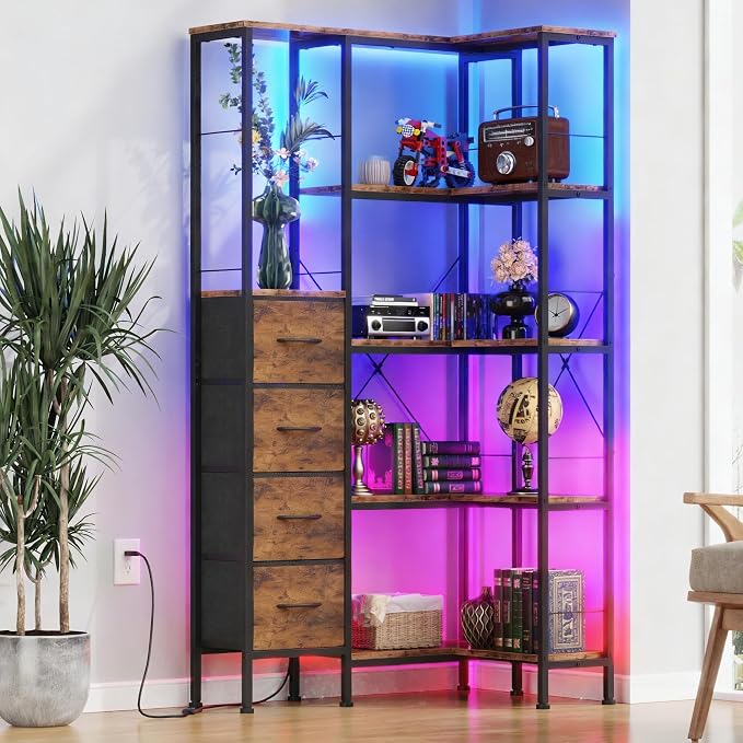 AFLUI Corner Bookshelf with LED Light Strips & 4 Fabric Drawers, 5-Tier by Unknown