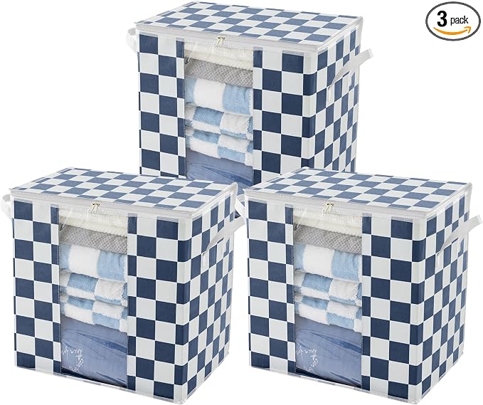 Navy Blue Checkered Clothes Storage Bins, 100L Large Blanket Storage Bags 3 Pack by Ohocut