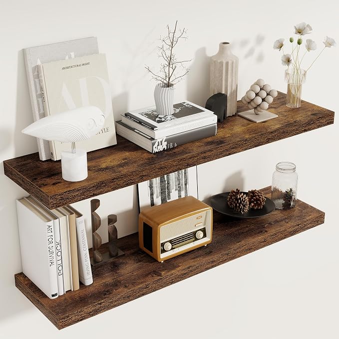40 Inch Floating Shelves Set of 2, 8 Inch Deep Wall Shelf, Rustic Wood Storage by FunMemories